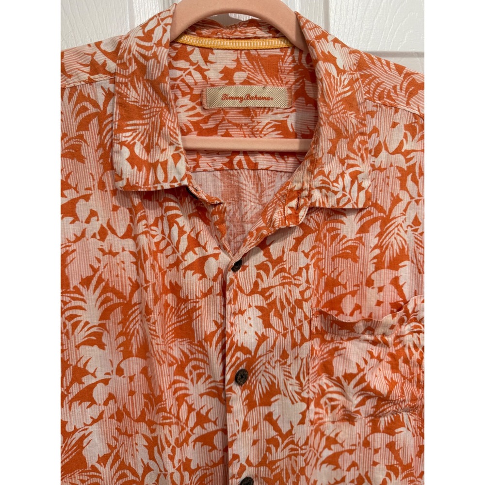 Tommy Bahama Mens XL Orange Tropical Palm Print 100% Linen Camp Shirt